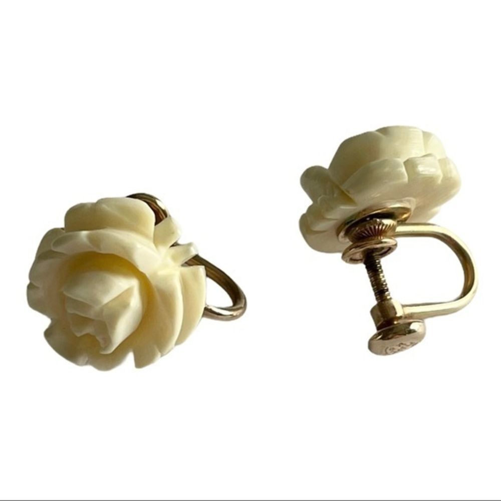 12k GF Vintage Van Dell Faux Ivory Rose Earrings‎